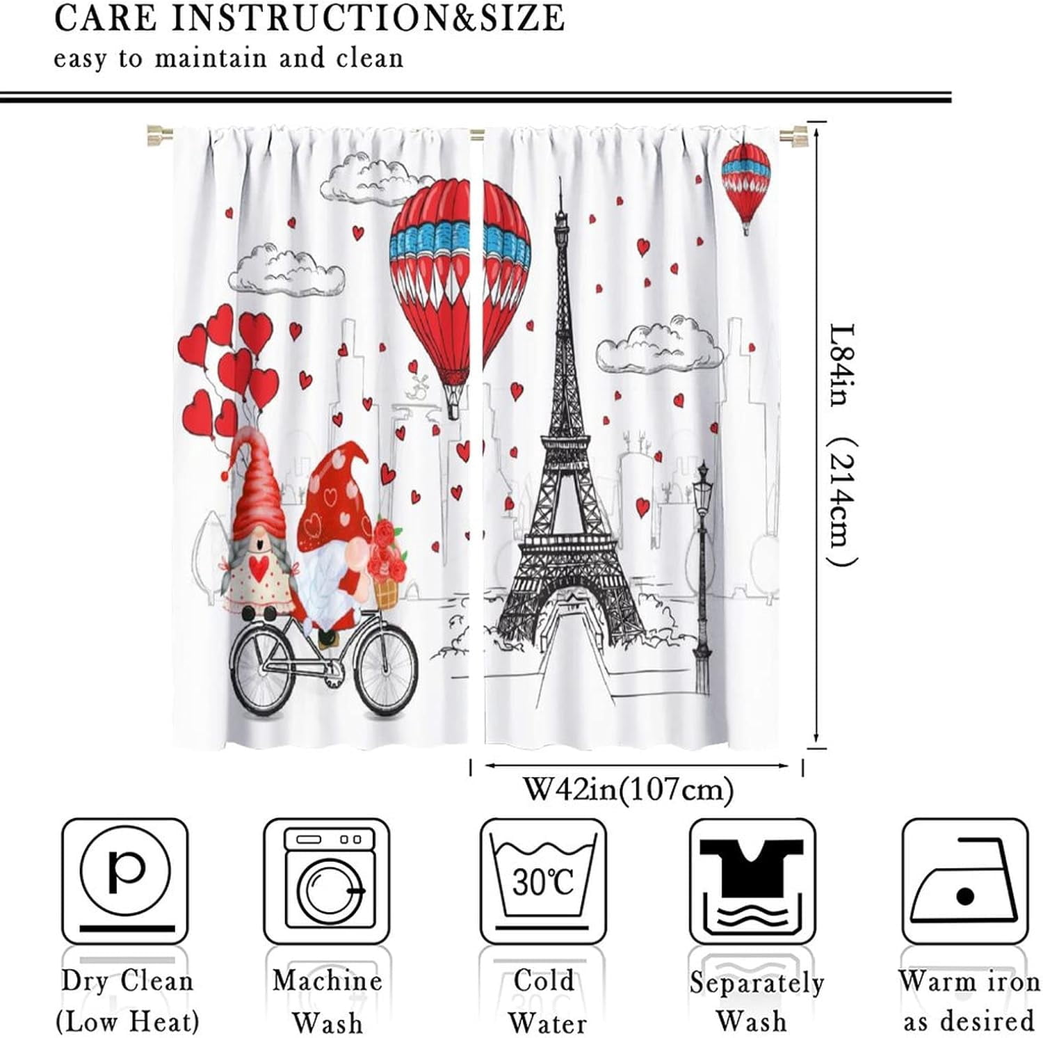 Valentines Days Blackout Window Curtains, Valentine Love Tree Eiffel Tower Hot Air Balloon Windows Door Curtain for Bedroom Living Room Home Decor 84x84in