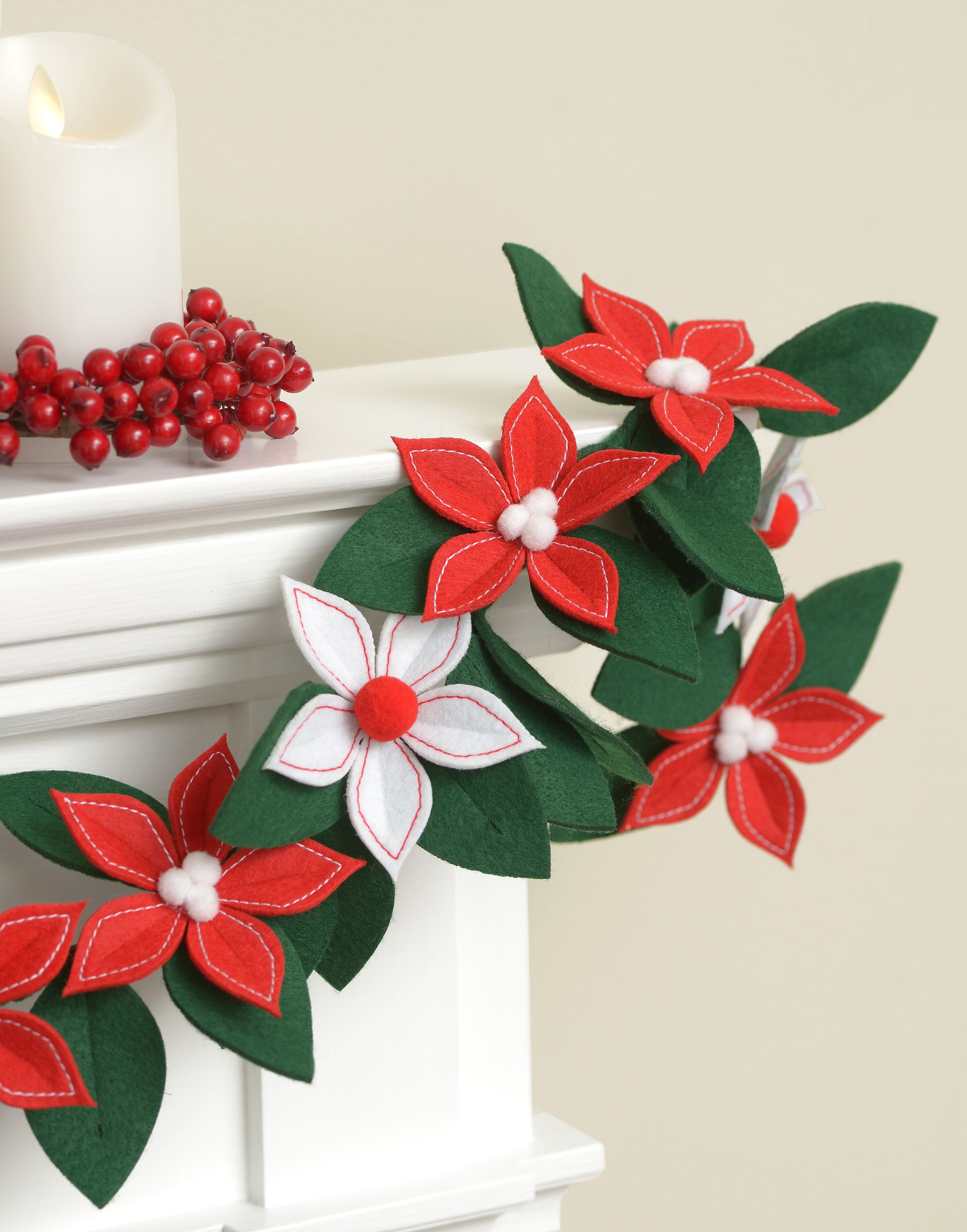 Holiday Time Christmas Poinsettia Felt Garland Trimming Decoration, 6