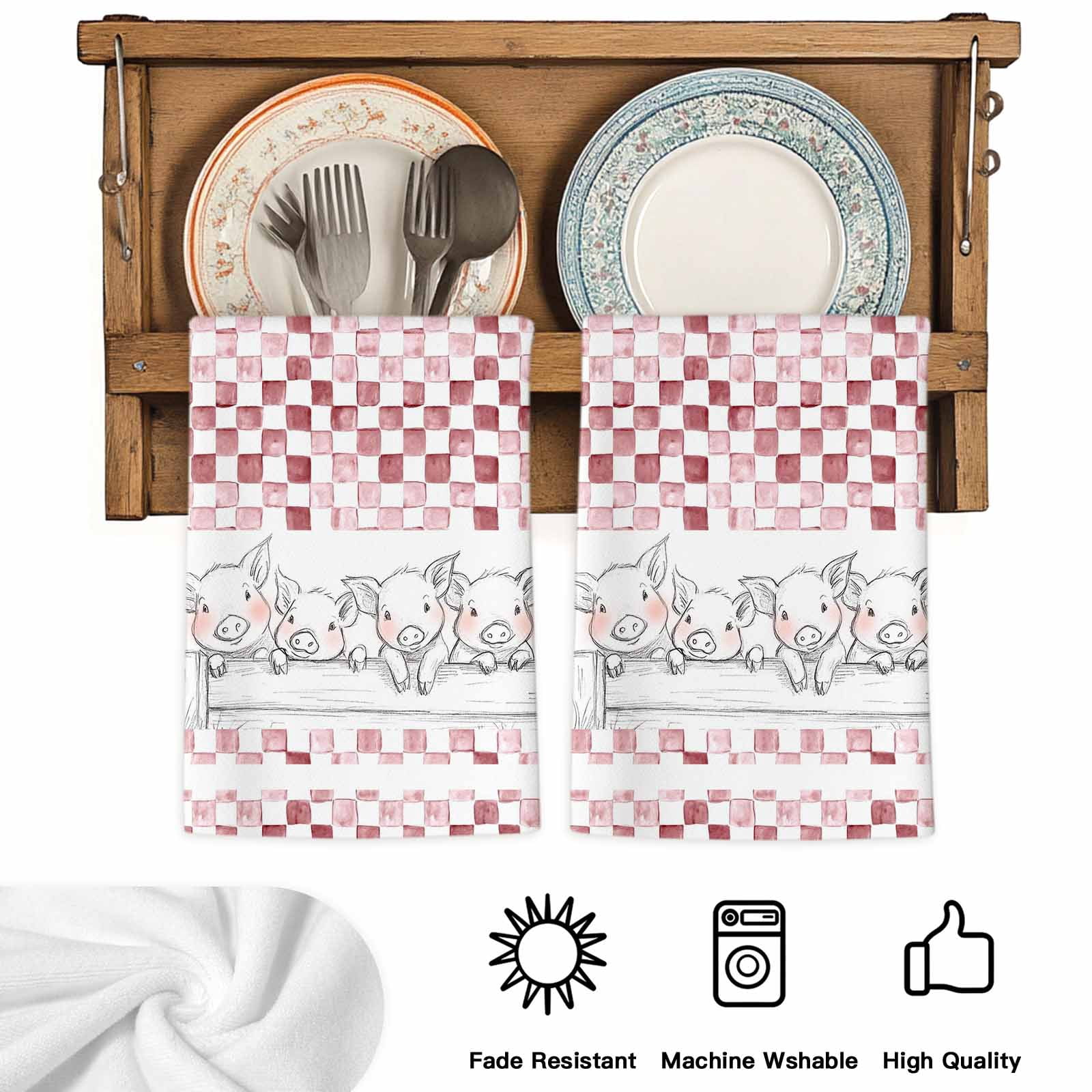 Red Plaid Farmhouse Kitchen Towels Set of 1, Watercolor Cute Country Pigs Checkered Absorbent Dish Towels for Kitchen, Microfiber Hand Towel, Quick Drying Tea Towel for Cleaning Decorative Dishcloths