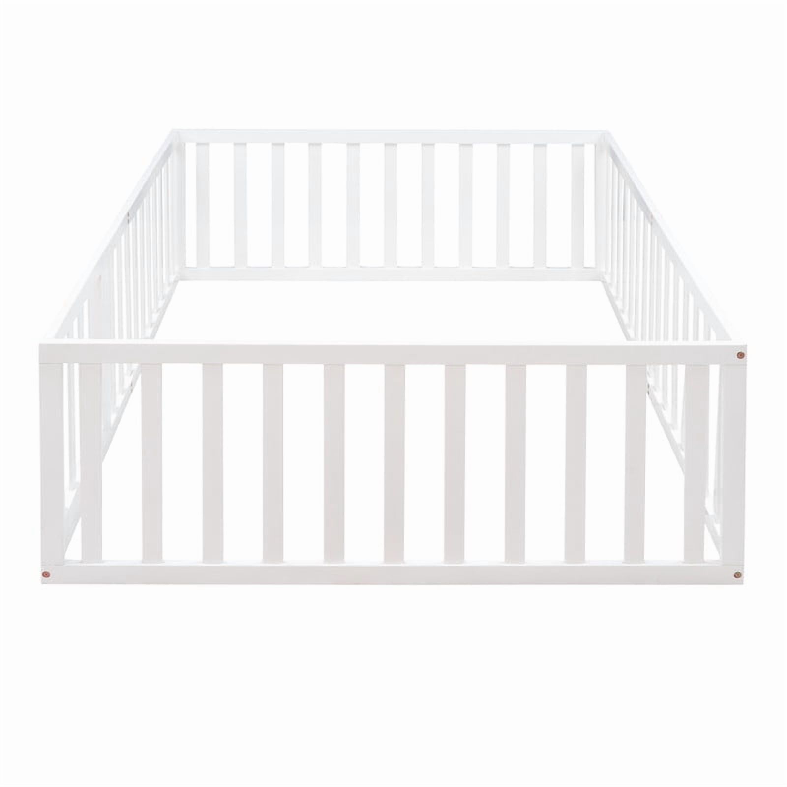 Full Size Floor Bed Platform Bed with Fence and Door, Wooden Montessori Bed Toddler Bed Kids Playhouse Bed with Guardrails for Boys Girls, No Slats