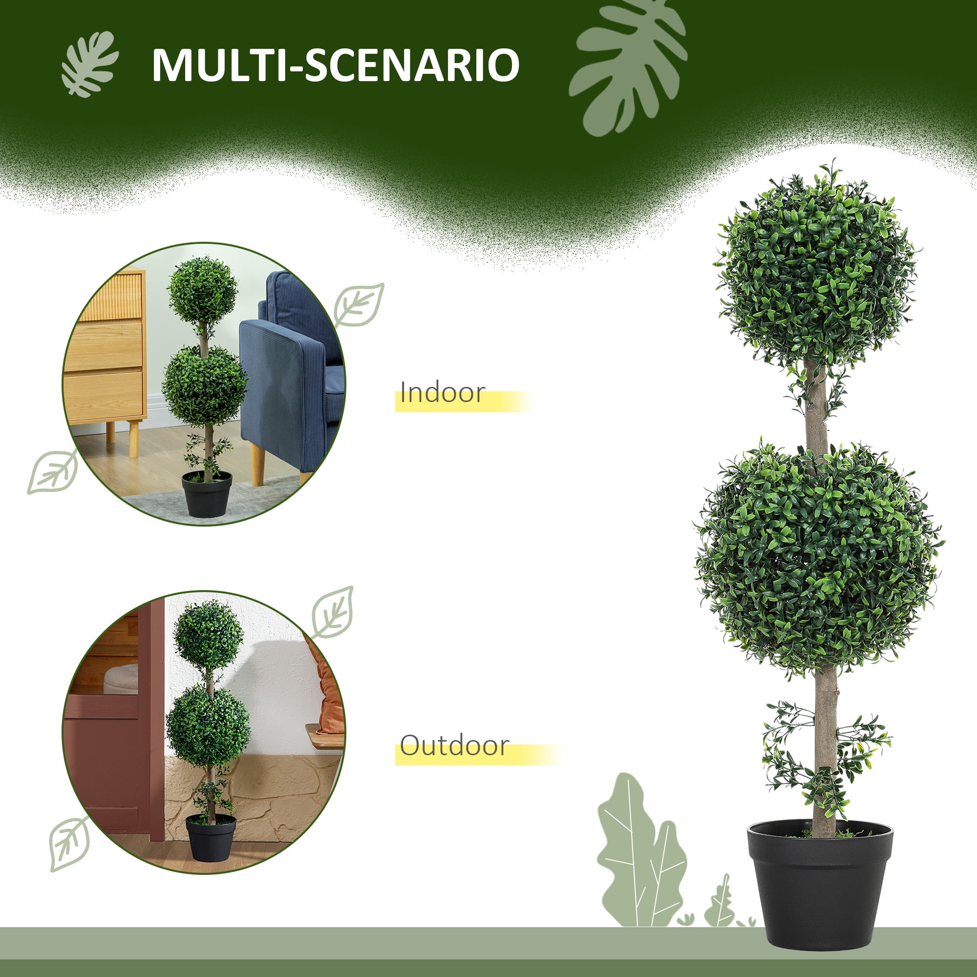 HOMCOM Set of 2 Fake Plants, Artificial Trees in Pot, Ball Boxwood Topiary Tree, Green