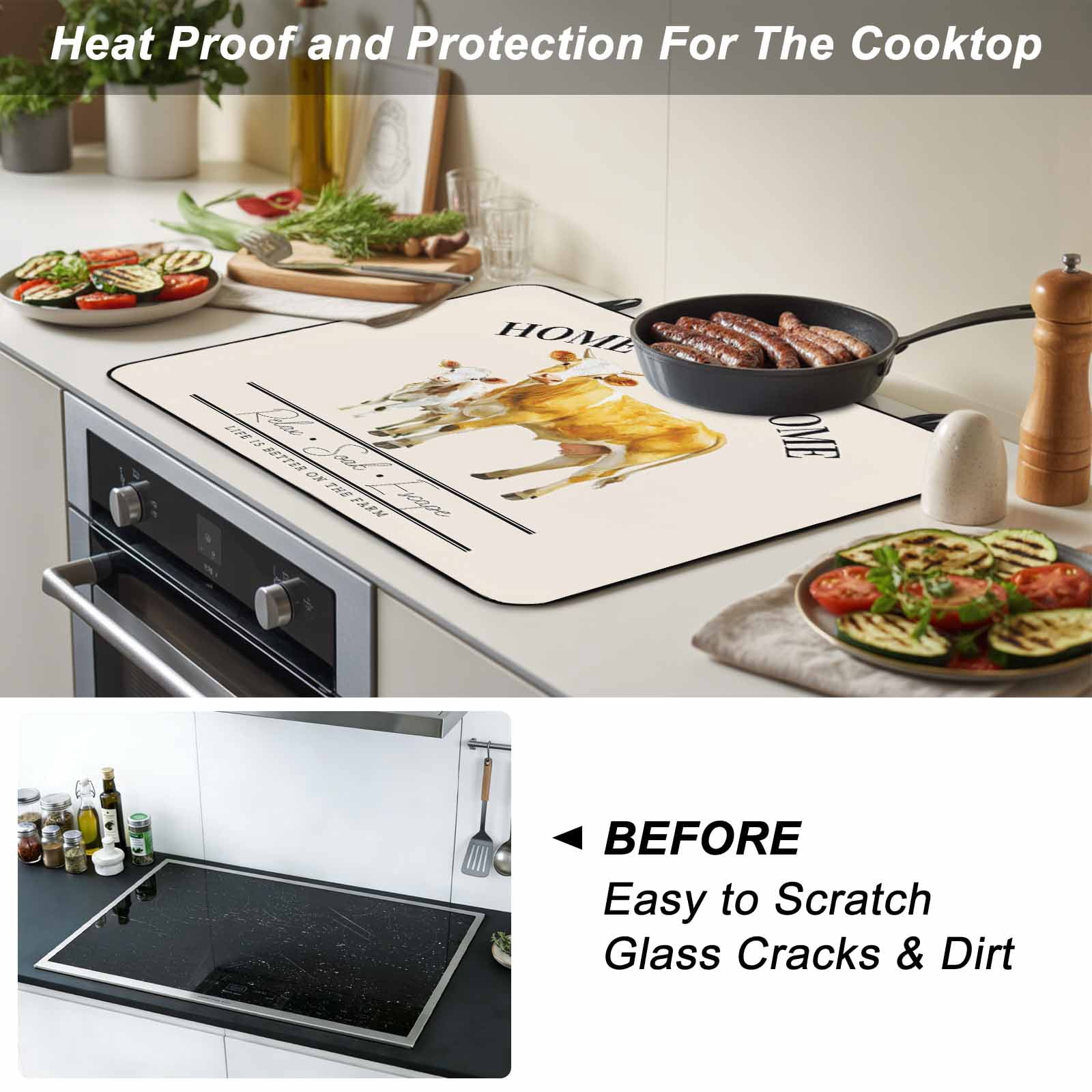 Farmhouse Cow Stove Top Cover for Electric Stove, Heat-proof & Non Slip Glass Top Stove Cover Protector, Vintage Animal Life Better Abstract Text Kitchen Flat Cooktop Rubber Mat 24x21 Inches