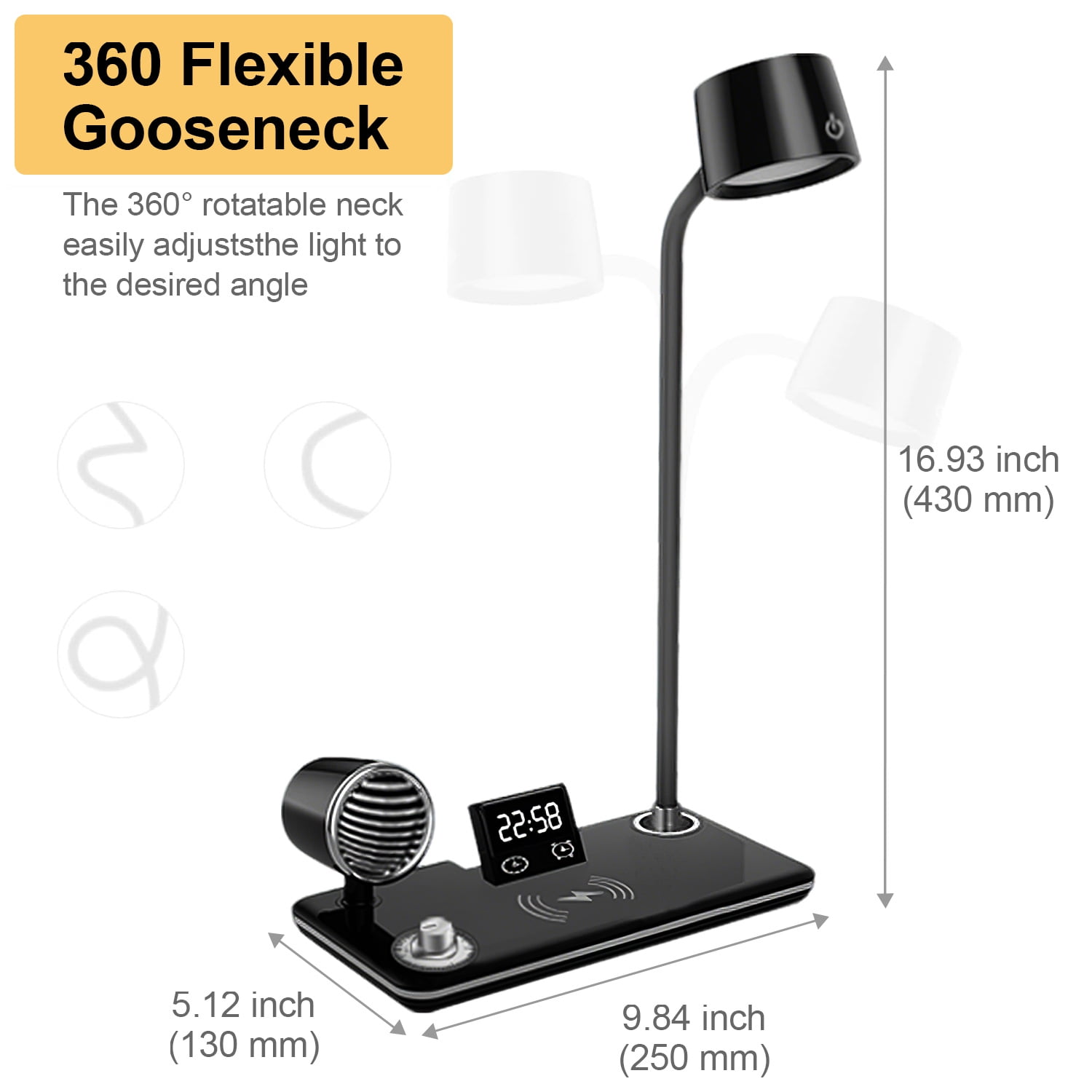 LED Desk Lamp, 4 in 1 Multifunction Table Lamp with Wireless Charger, Bluetooth Speaker Digital Clock, 360° Adjustable Gooseneck Arm with 3 Color Modes Dimmable Lamp for Home Office Bedroom, Black