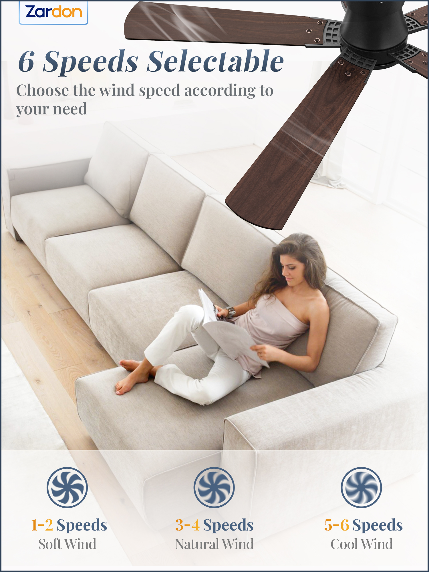 Zardon Ceiling Fans with Lights and Remote, 52in Low Profile Flush Mount Ceiling Fan with 6 Reversible Speeds for Bedroom Indoor, Black