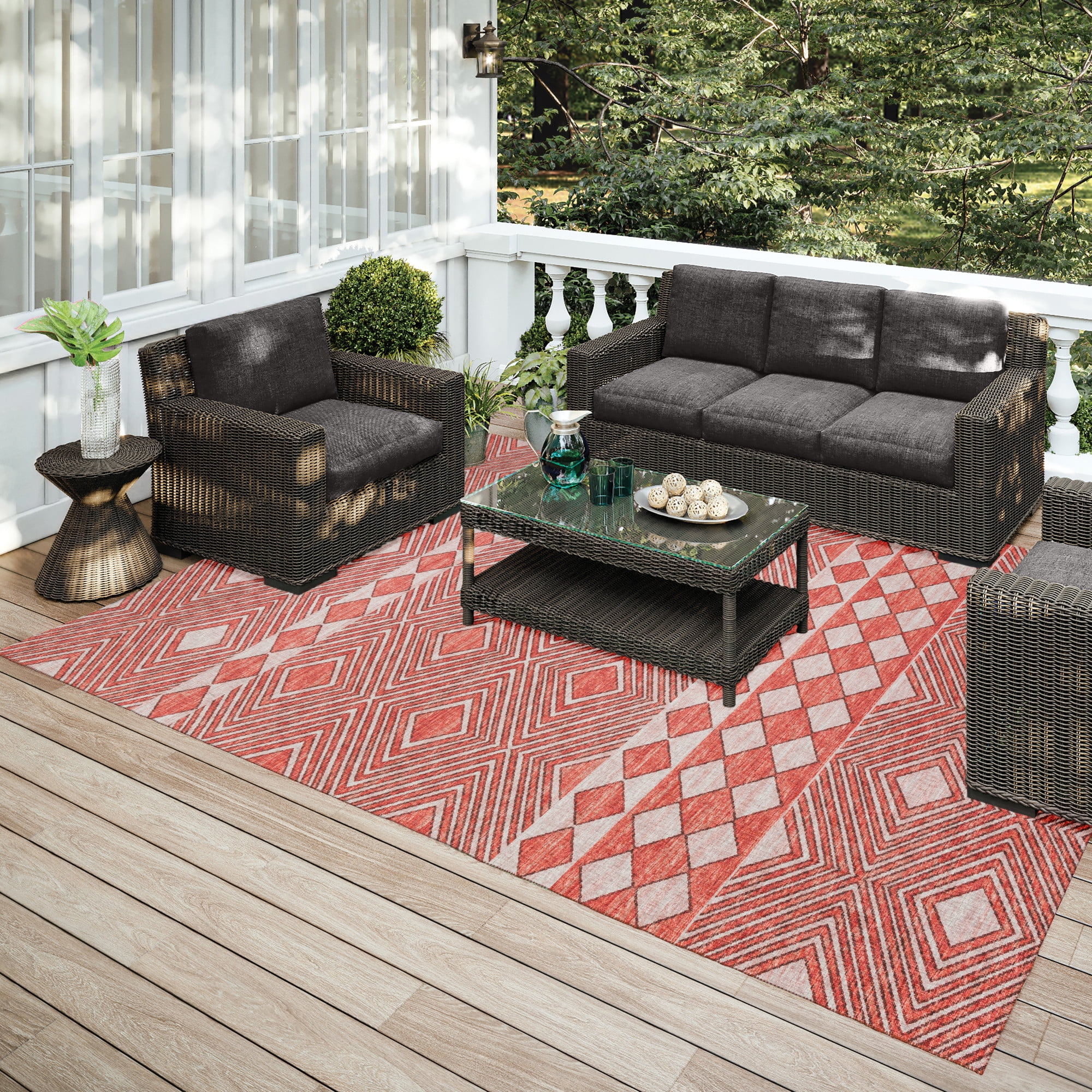 Yuma Indoor/Outdoor Red Transitional Southwest 5' x 7'6" Non-Skid Area Rug