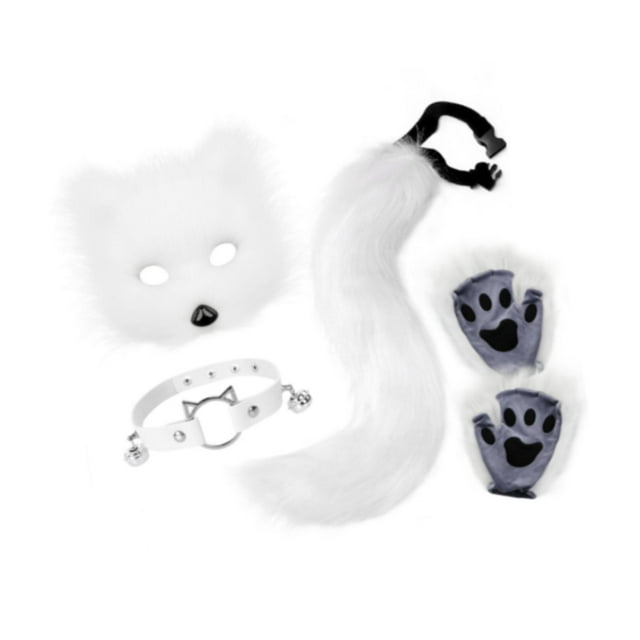 BELOVING Ensemble Collier et Queue d'Animal Visage d'Halloween pour Bal Boîte de Nuit Jeu de Rôle Blanc