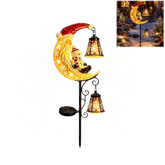 Solar Christmas Moon Snowman Lamp, 30 Inch Outdoor Snowman Stake Light, Warm Amber LED Glow, Solar Powered, Snowman Crescent Moon, Auto Dusk Lighting