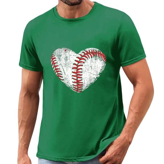 Afelkas Men's Game Day T-Shirt Baseball Heart Graphic Short Sleeve Tee Sports Fan Top Distressed Stitches Casual Design Green,XXXL