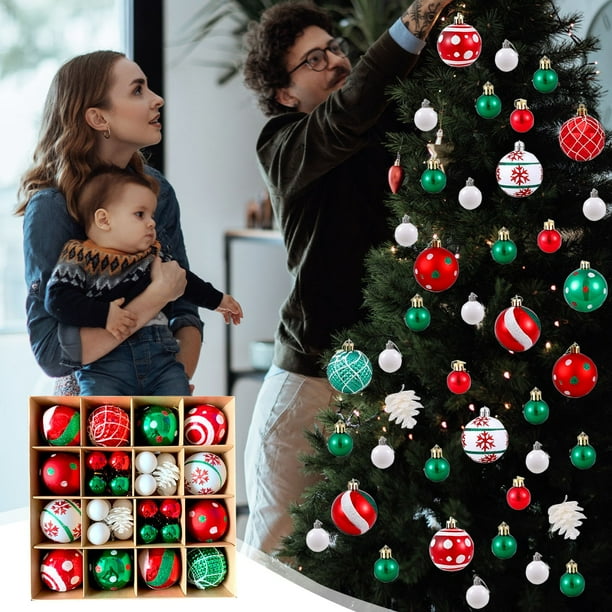 Adornos navideños, adornos navideños, juego de 42 adornos navideños rojos y verdes galvanizados, juego combinado de plástico pintado con forma de árbol de Navidad, colgante, objetos decorativos