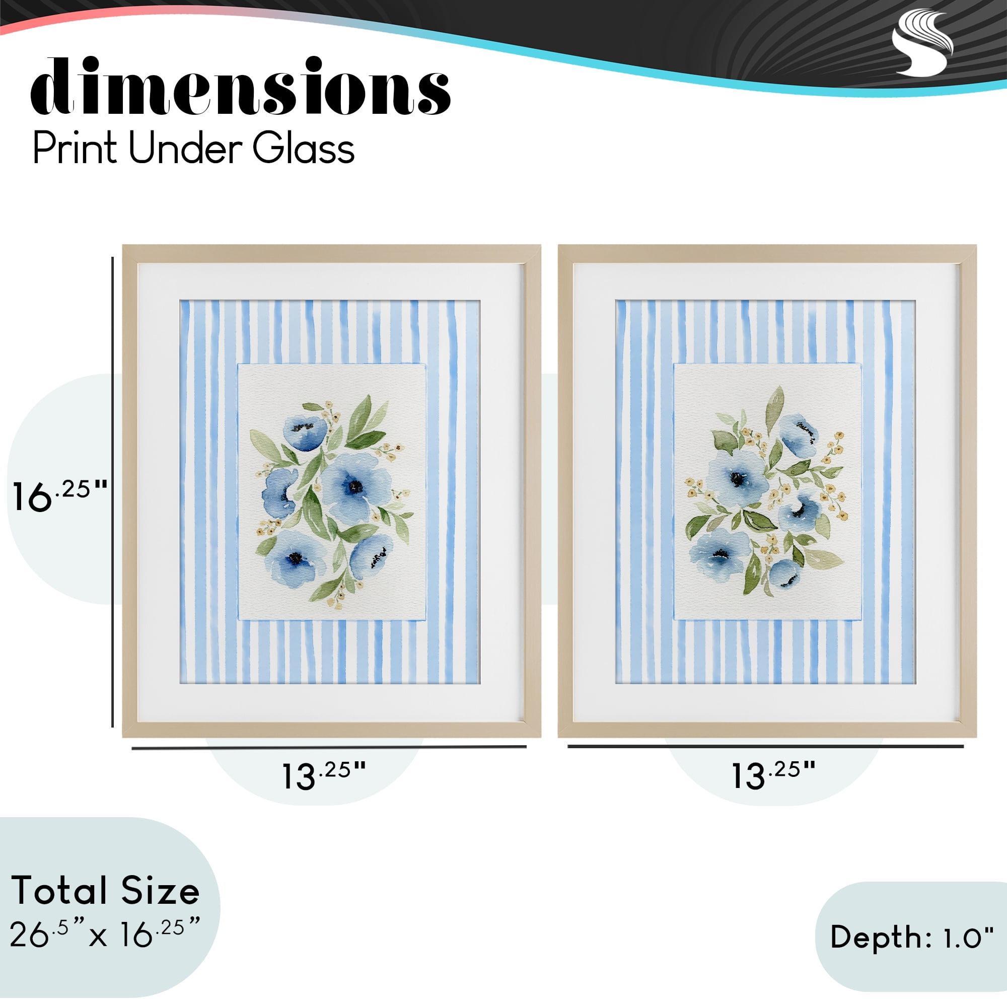 Stupell Industries Blue Flowers with Stripe Border 2 Piece Birch Framed Print Under Glass Set, design by Leah Noel Art