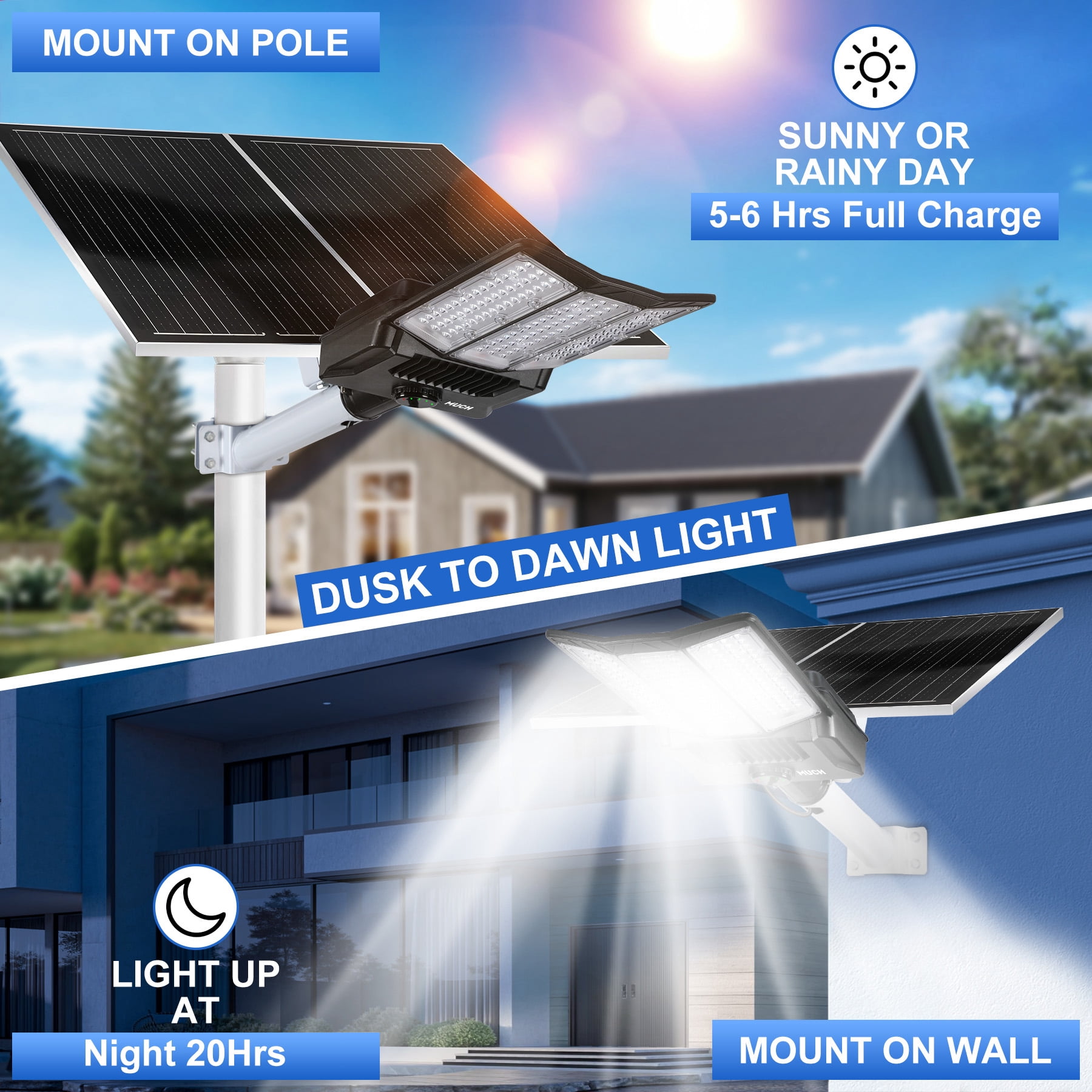 MUCH 16000W Solar Street Light, Commercial Grade Solar Street Lights, 50000mAh Outdoor, Dusk to Dawn, IP67 with Motion Sensor & Remote Control, Solar Flood Light for Parking Lot, Yard, Country, Road