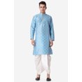 thumbnail image 1 of Royal Kurta Jacquard Silk Printed Firozi Kurta White Dhoti Set for Men, 1 of 7