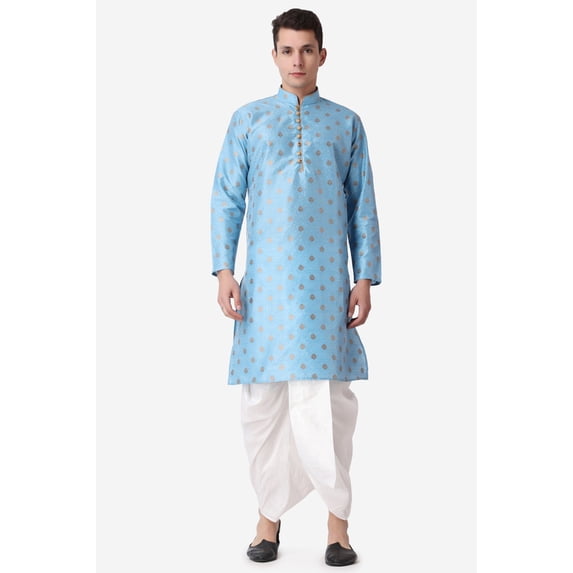 Royal Kurta Jacquard Silk Printed Firozi Kurta White Dhoti Set for Men