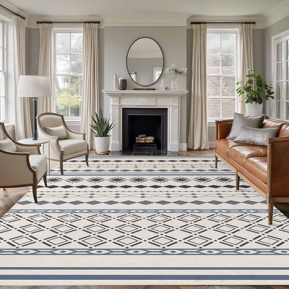 Large Area Rugs for Living Room Bedroom, Boho Ethnic 8'x10' Rug Washable Carpet Runner Indoor Outdoor, Aztec Bohemian Vintage Geometric Blue Rustic Non Slip Floor Mats Rug for Kitchen, Patio