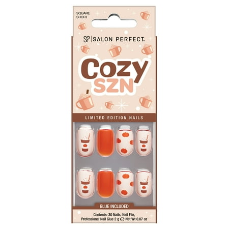 Salon Perfect Halloween Fall Artificial Fake Press On Nails, 401 PSL Pumpkin Spice Latte, Short Square, File, Glue and Prep Pad Included, 30 Nails