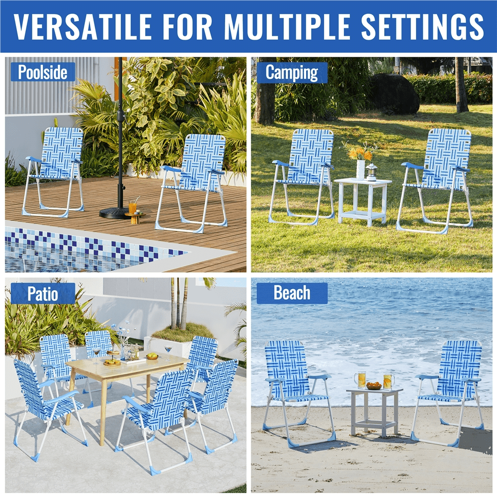 Renwick Patio Portable Webbed Folding Chairs for Garden and Poolside, Set of 2, Blue