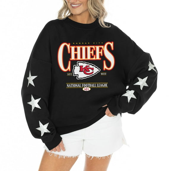 Women's Gameday Couture Black Kansas City Chiefs Rhinestone Star Sleeve Settle the Score Oversized Tri-Blend Pullover