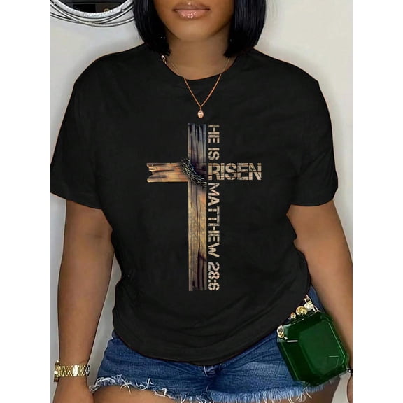 100% Cotton He Is Risen Cross Jesus Religious Christian Faith Easter Day T-Shirt Print Round Neck Cotton T-Shirt, Summer Women's Tops, gift