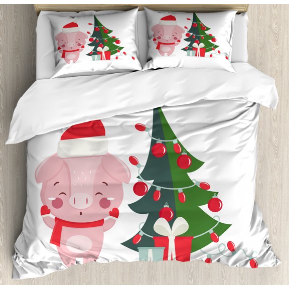 Christmas Duvet Cover Set Queen Size, Happy Smiling Rose Colored Pig with Xmas Tree and Gifts New Year Themed, Decorative 3 Piece Bedding Set with 2 Pillow Shams, White and Multicolor, by Ambesonne