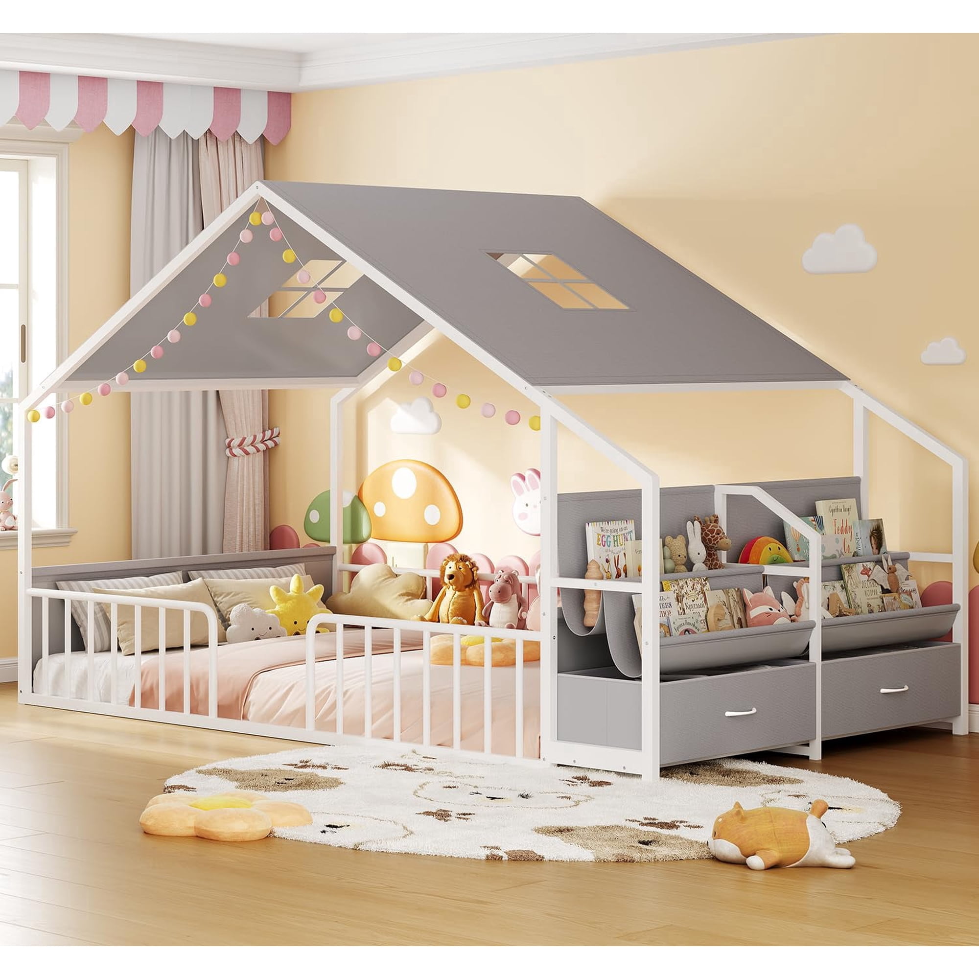 Full Size Floor Bed with Safety Guardrails, Montessori House Bed Floor Bed Full with Sling Bookshelves & Storage Drawers, Metal Floor Bed Frame for Bedroom,Playhouse, White