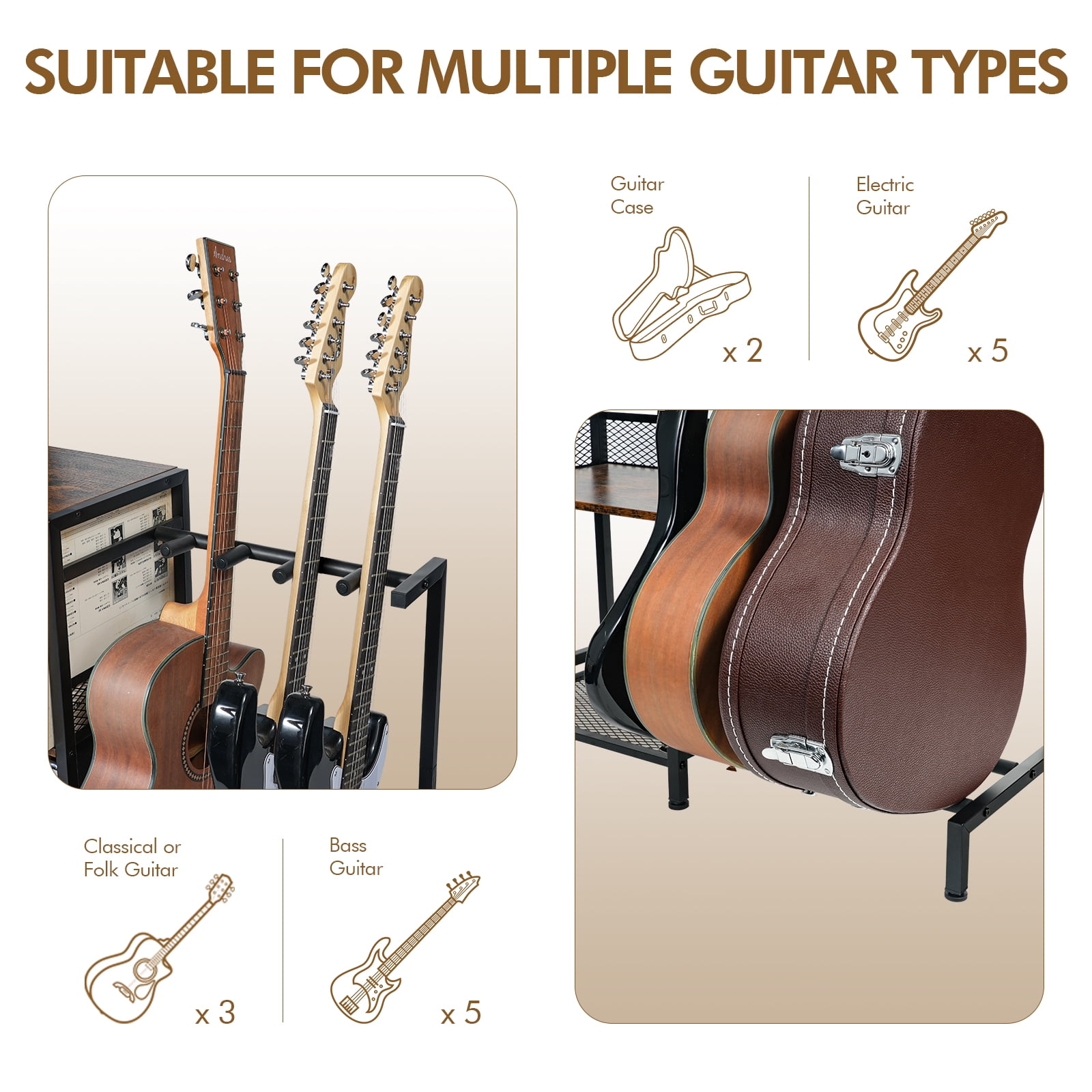Guitar Stand for Multiple Acoustic Bass Electric Guitars Cases with Vinyl Record Storage Cabinet and 3-Tier Shelf