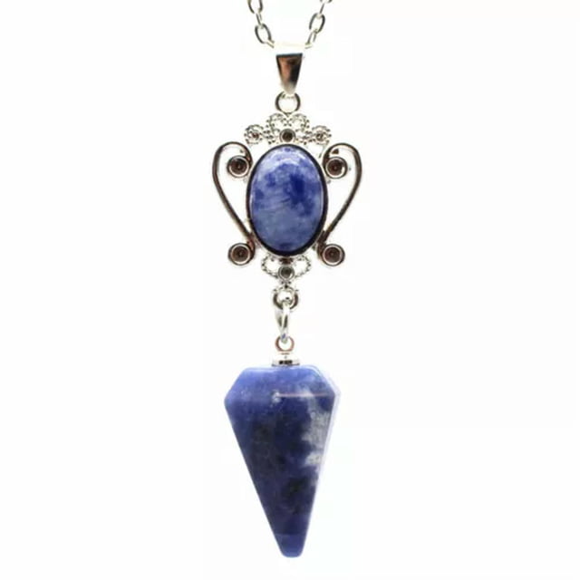 HOOUN Hexagonal Cone Pendulum Natural Crystal Pointed Pendant Necklace-Sodalite