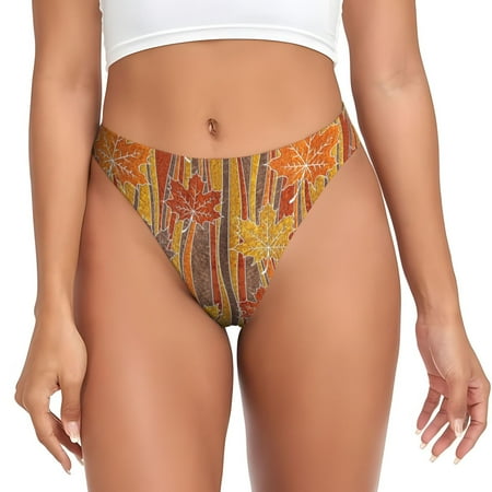 Qokaie Autumn Maple Leaf Stripes Printed Women s Cotton Thong Underwear  Sexy Breathable Panties G-string-3X-Large