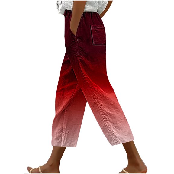 cFmduc Cotton Linen Pants for Women Fall Elastic Waist Straight Leg Crop Pants Casual Loose Fit Beach Trousers with Pockets