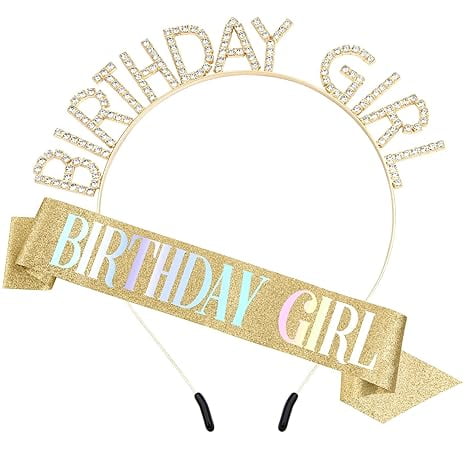 Jinswick Glitter Birthday Sash, Tiara and Rhinestone Headband Set - Pink Birthday Accessories for Her