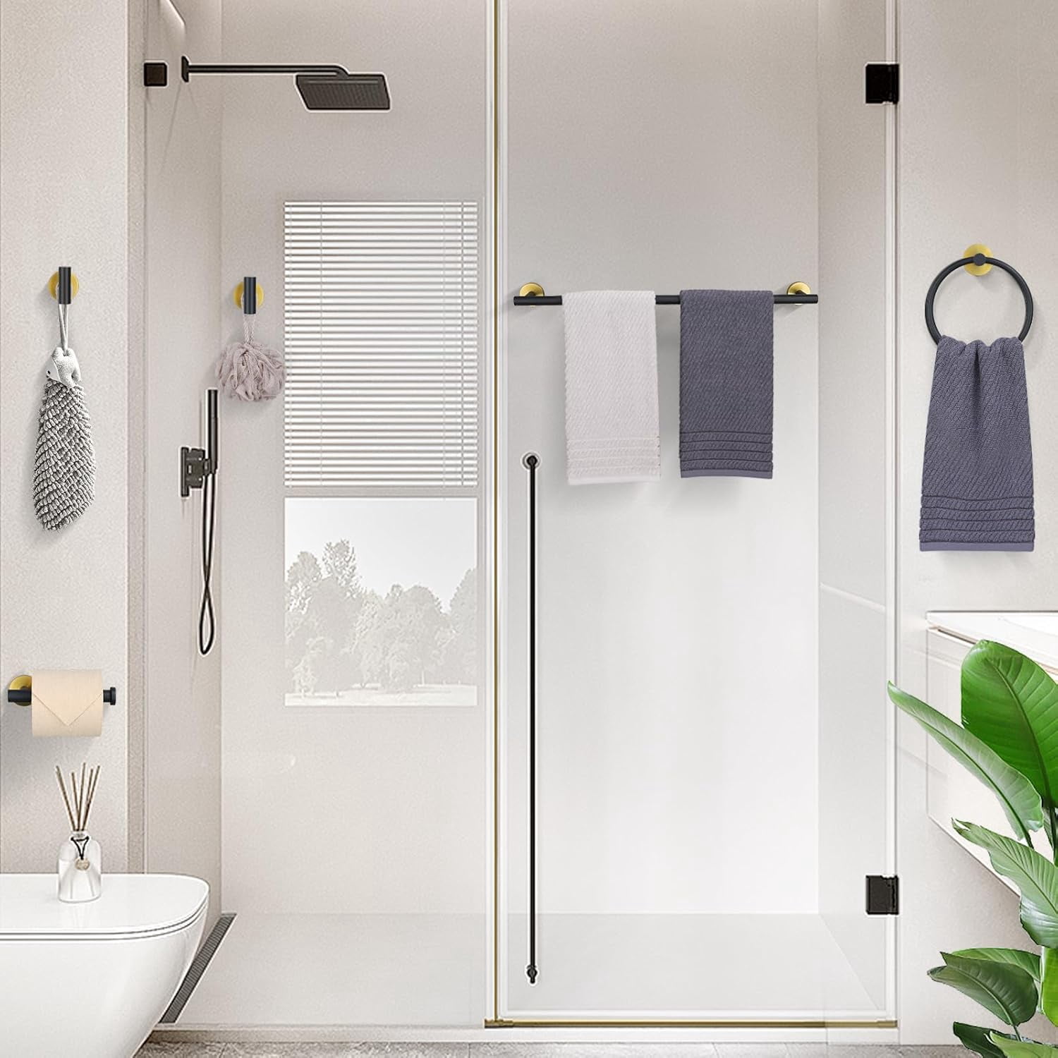 8-Piece Matte Black Stainless Steel Bathroom Hardware Set – Towel Bar, Toilet Paper Holder, Robe Hooks & Adhesive Hooks, Wall Mounted