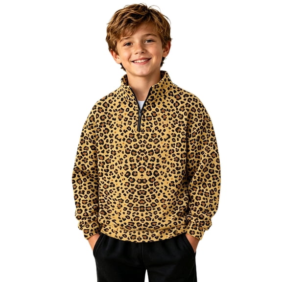 JAJAHO Kids Boys Leopard Neck Sweatshirt Quarter Zip Pullover Long Sleeve Sweatshirts 2-14Y