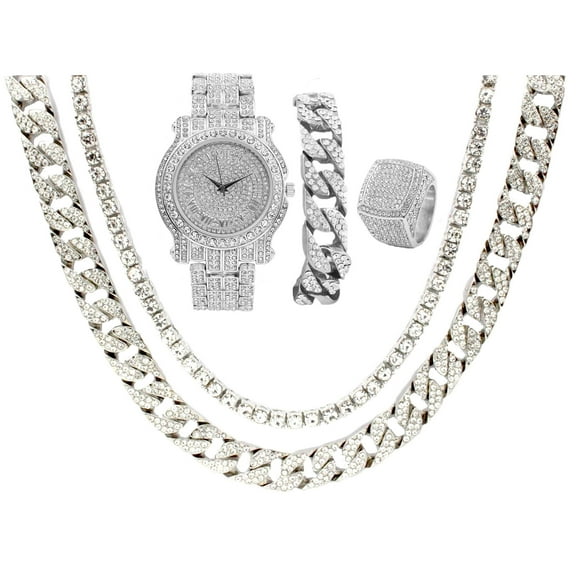 Fully Bling-ed Out Round Luxury Mens Watch w/Bling-ed Out Cuban Chain Bracelet, Cuban Necklace, Tennis Chain & Ring Size 12- Silver - L0504BNTS (12)