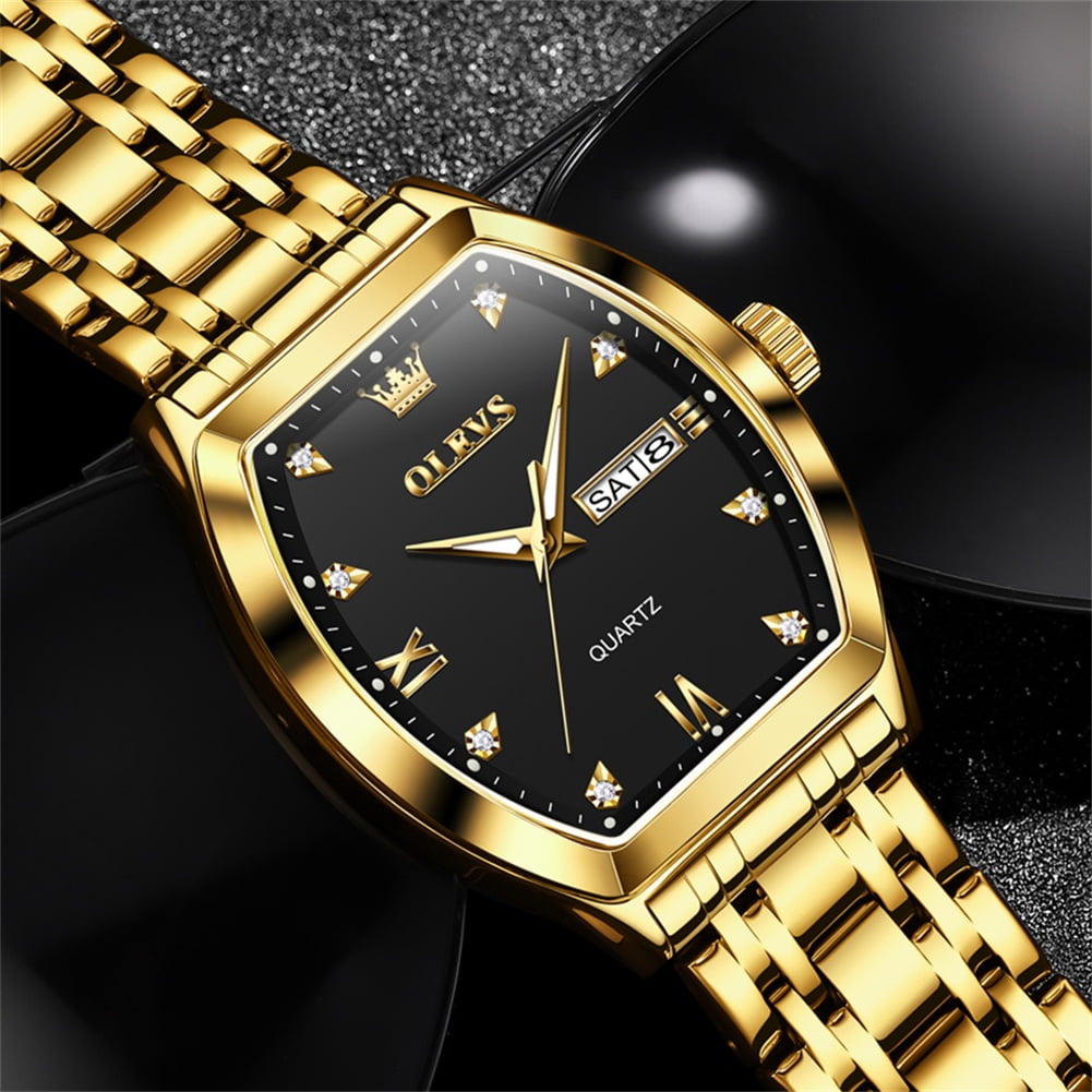 OLEVS Mens Watches Square Business Dress Diamond Analog Quartz Date Luxury Watches for Men Dress Casual Stainless Steel Waterproof Luminous Mens Wrist Watches Gifts Reloj para Hombre Gold/Black Dial