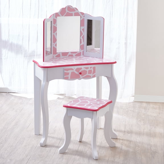 Teamson Kids Fashion Prints Vanity Set with Mirror in Pink and White