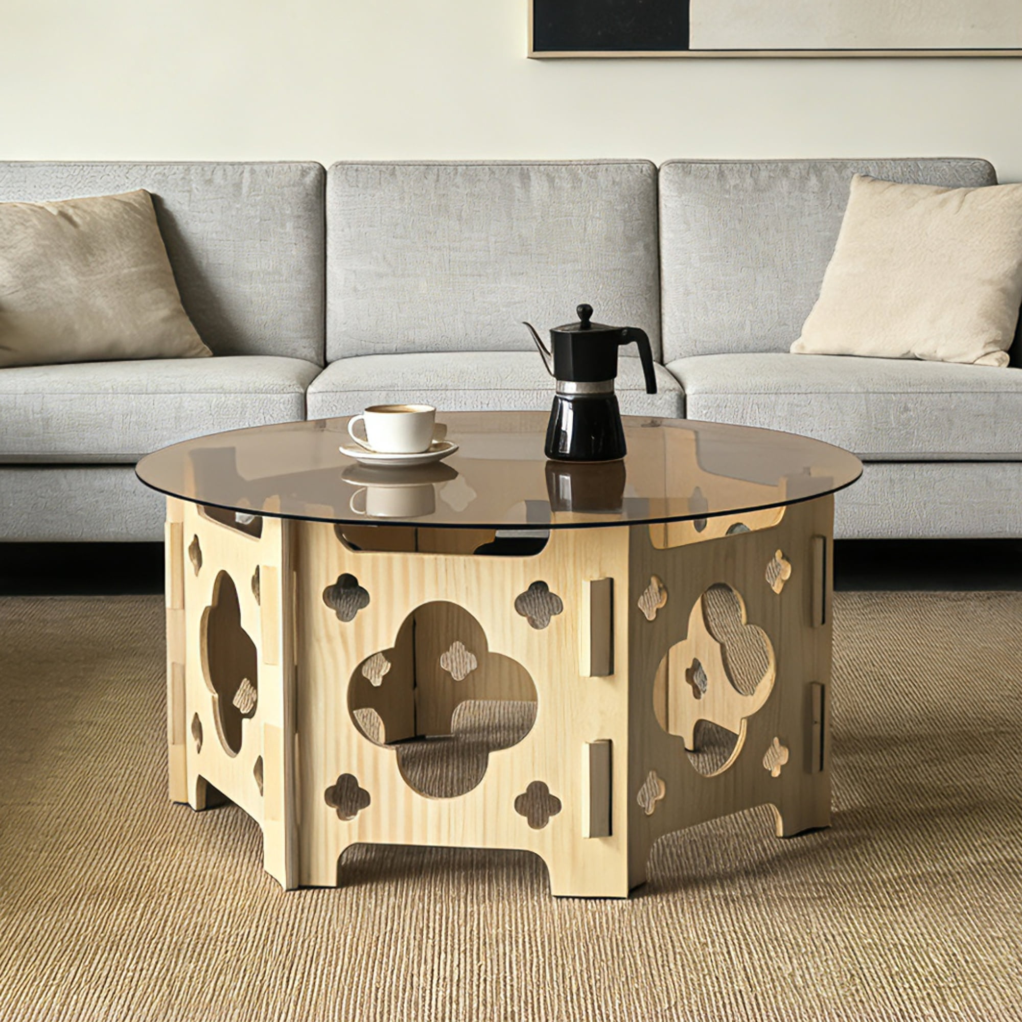 31.1-Inch Round Tempered Glass Coffee Table with Floral Hollow Wood Base, Farmhouse Center Tea Table for Living Room, Natural and Caramel