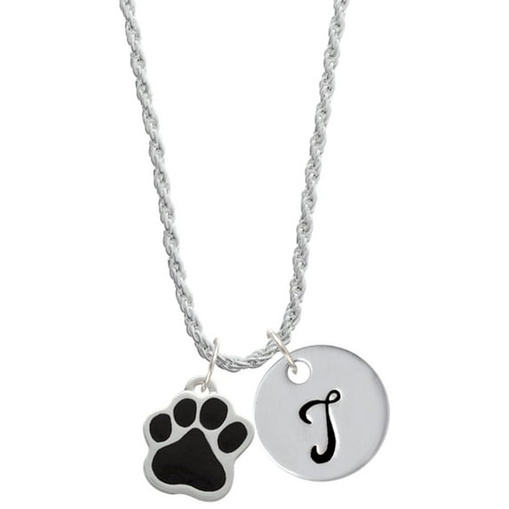 Delight Jewelry Silvertone Large Black Paw Silvertone Script Initial Disc - T - Charm Necklace, 20"+3"