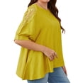 thumbnail image 3 of Camisa de manga corta de encaje de verano para mujer, camiseta holgada con dobladillo Irregular, Top informal con cuello redondo, amarillo XXL, 3 of 5