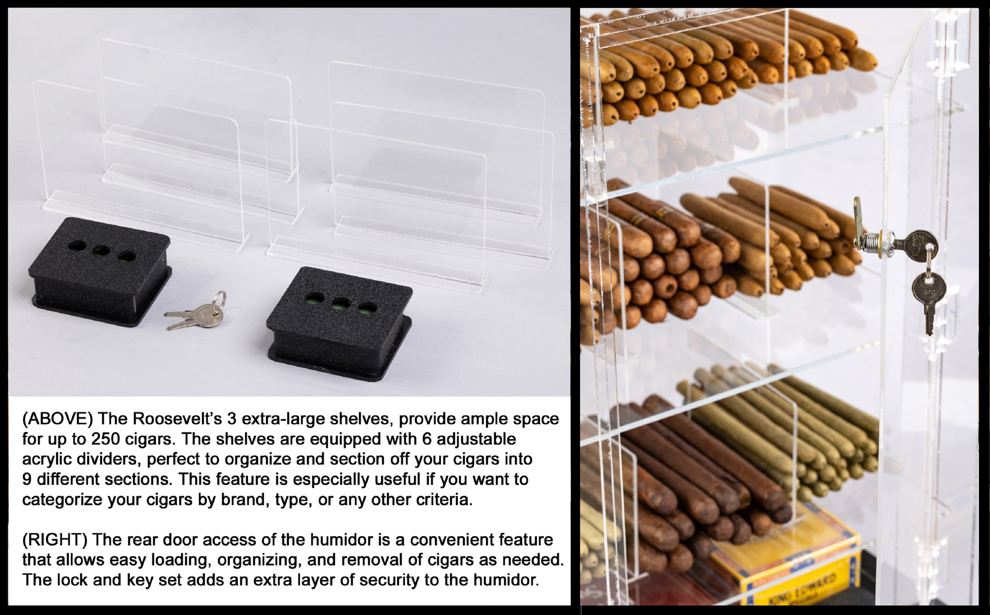 Prestige Import Group Roosevelt Acrylic Display Cigar Humidor w/ 9 Bins & Hygrometer - Holds Up to 250