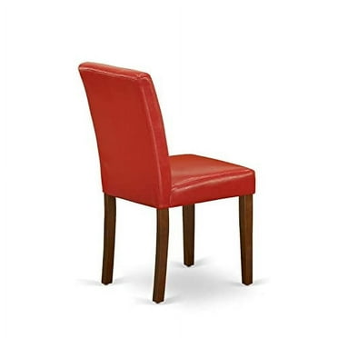 East West Furniture ABP3T72  Parsons Dining Chairs - Firebrick Red Faux Leather Padded Chairs, Set of 2, Mahogany