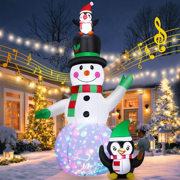 GOOSH Christmas Inflatables 7 FT Snowman Inflatable with Built-in Music & 360° LED Light, Inflatable Snowman Blow up Snowman with Penguin, Outdoor Christmas Decorations for Xmas Holiday Party