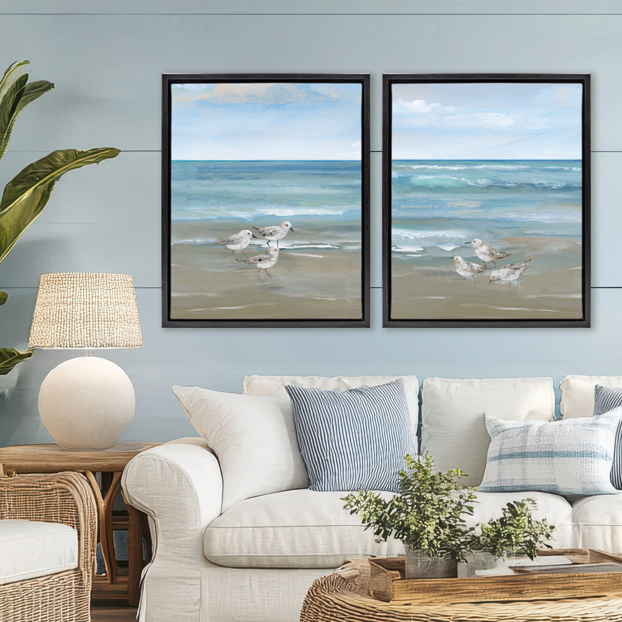 Stupell Industries Seaside Sanderlings at Dawn 2 Piece Black Framed Floater Canvas Set, design by Nan