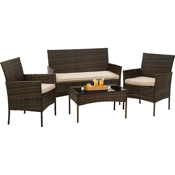 Patio Furniture 4 Pieces Outdoor Indoor Use Rattan Chairs Wicker Patio Loveseats Conversation Sets with Table and Beige Cushions for Backyard Lawn Porch Garden Balcony,Brown
