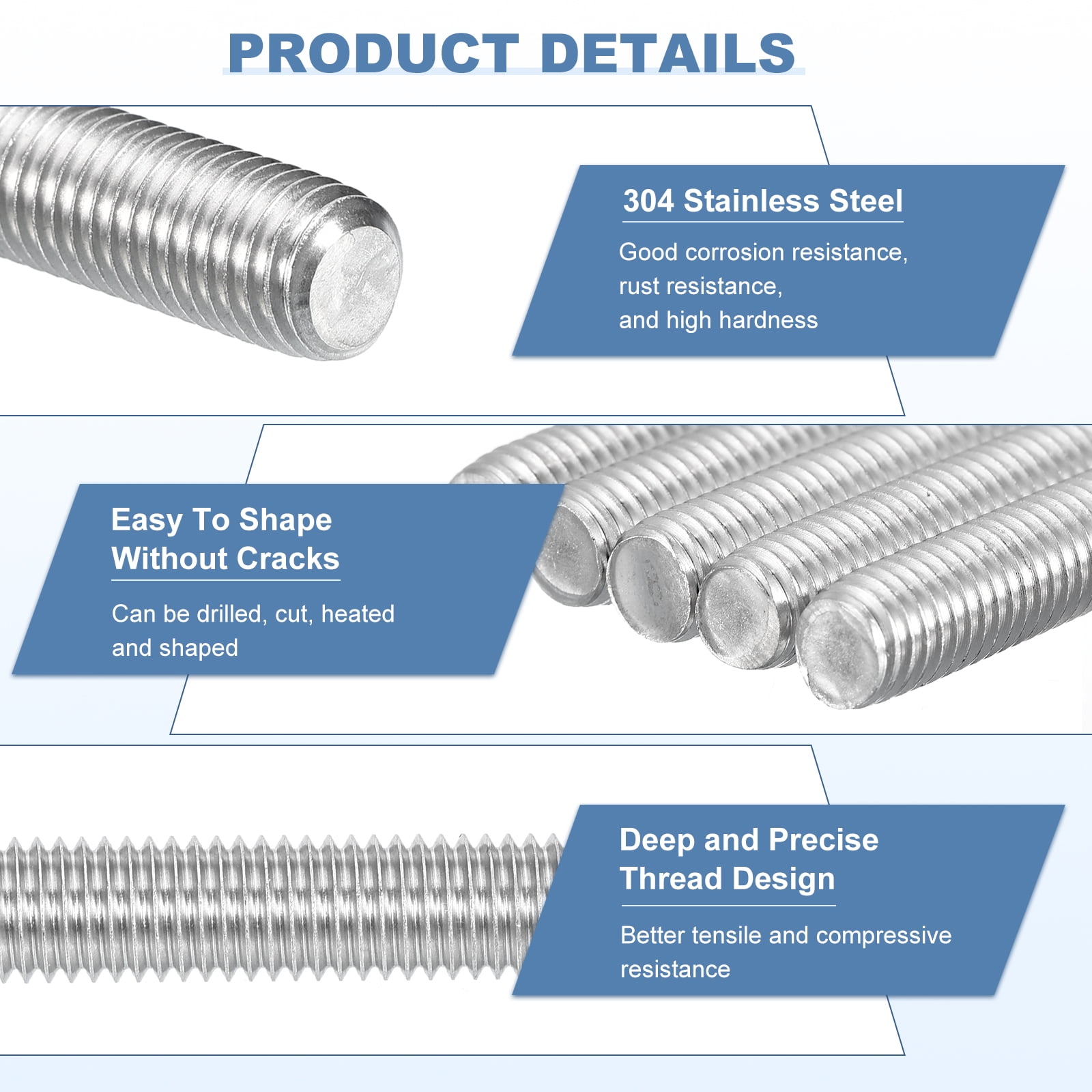8Pcs M12-1.75x100mm Fully Threaded Rods, 304 Stainless Steel Thread Bar Studs