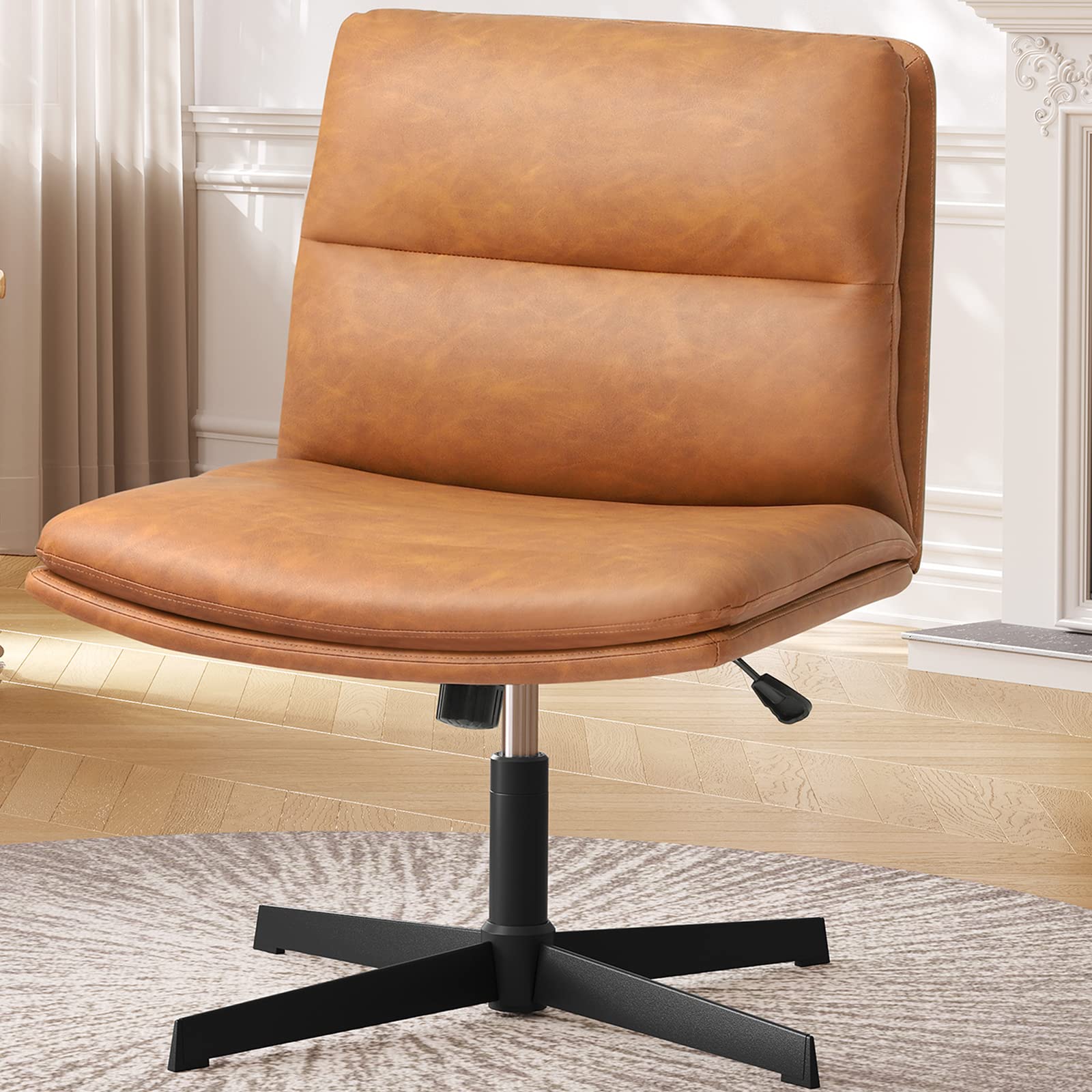 DICTAC Brown Leather Office Chair Armless Desk Chair No Wheels, Adjustable Height Swivel Vanity