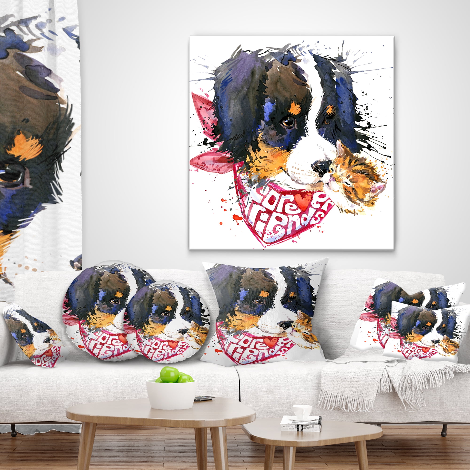 Designart Dog and Cat Friends Forever - Animal Throw Pillow - 12x20