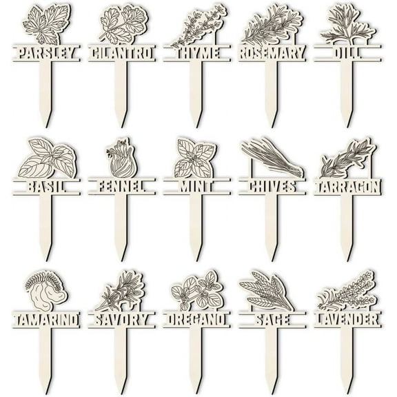 1Set 15 Pcs Herb Plant Markers 15 Styles Wooden Hollow Funny Signs Tags with Pattern Labels for Indoor Outdoor Greenhouse Potted Seed Herbs Patio Supplies 12x6.5cm(4.7x2.6inch)
