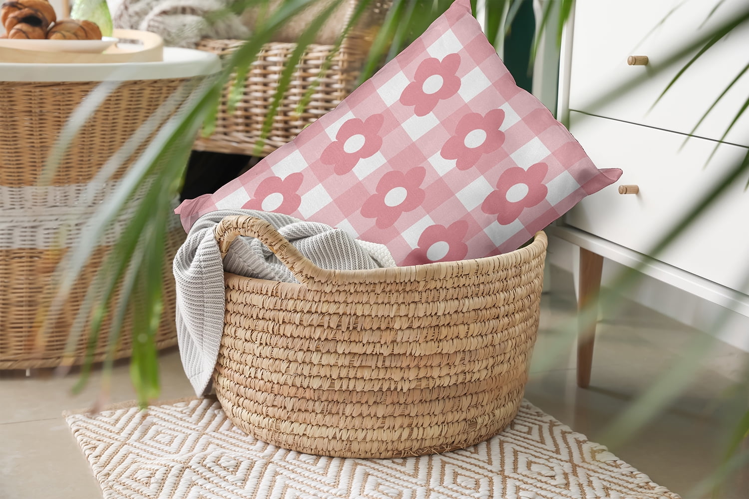 20" x 14" Simply Daisy Flowers on Gingham Polyester Indoor/Outdoor Pillow, Pink Icing Qty 1