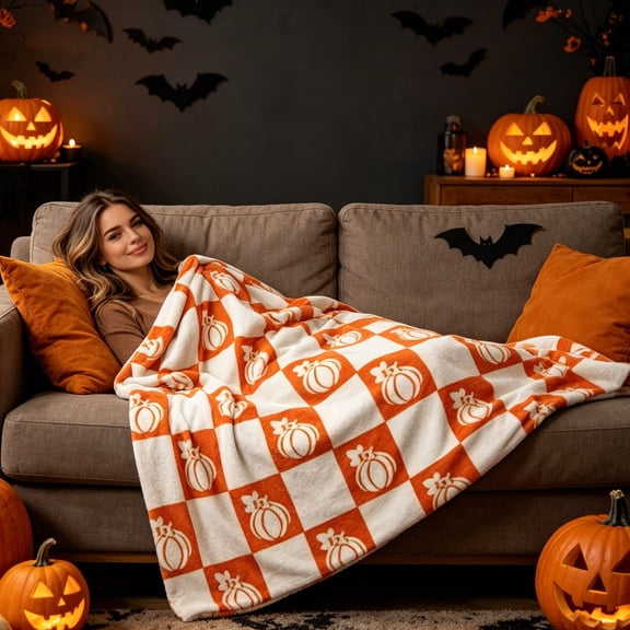 Halloween Blanket 59.1x39.4in Cozy Flannel Blanket Spooky Ghost for Couch Decor by OVFUIZ