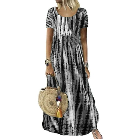 

Avamo Casual Tie Dye Swing Long Dress for Women Short Sleeve Summer Beach Maxi Dress Comfy Pajamas T Shirt Dress