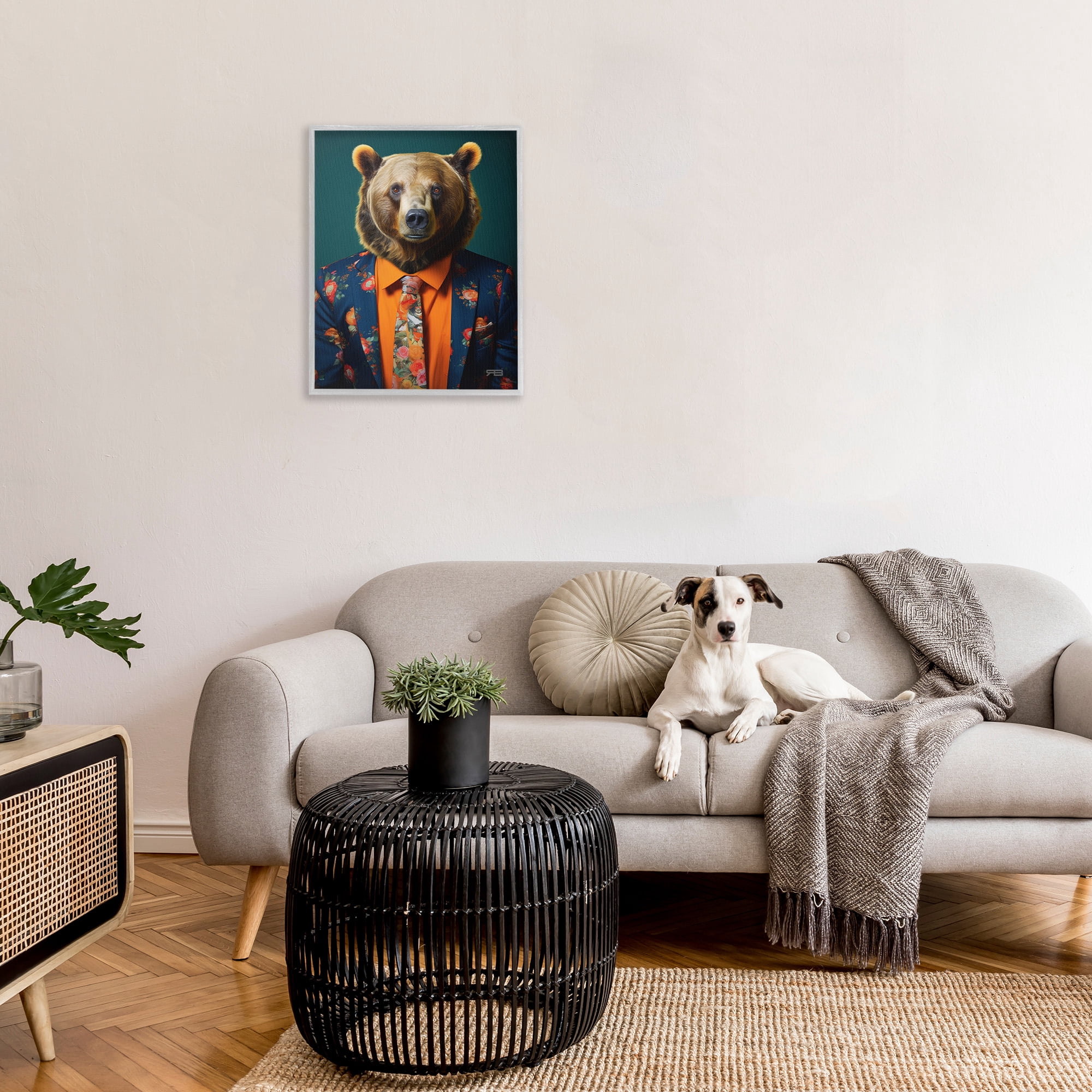 Stupell Industries Bear in Floral Suit Animals & Insects Painting Gray Framed Art Print Wall Art, 24 x 30